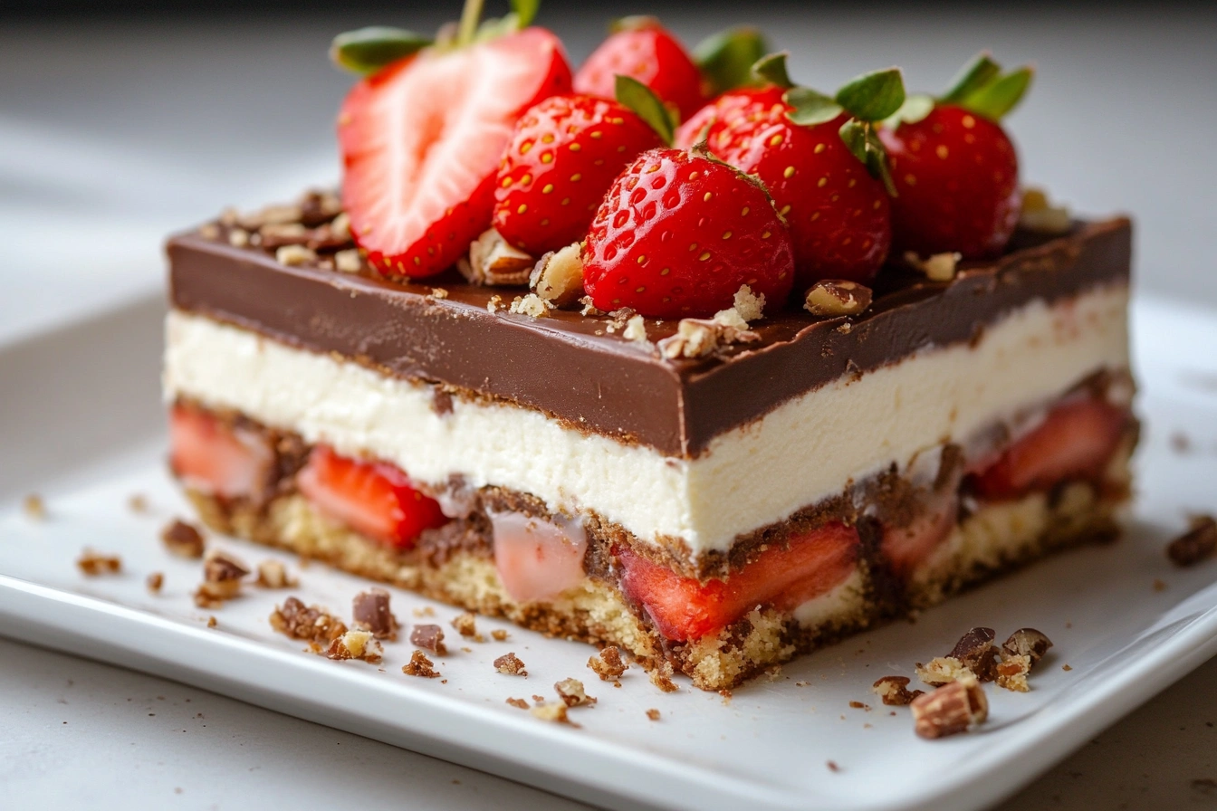 A layered dessert featuring Snickers, cheesecake, and strawberries, inspired by the viral Strawberry Cheesecake Snickers trend.