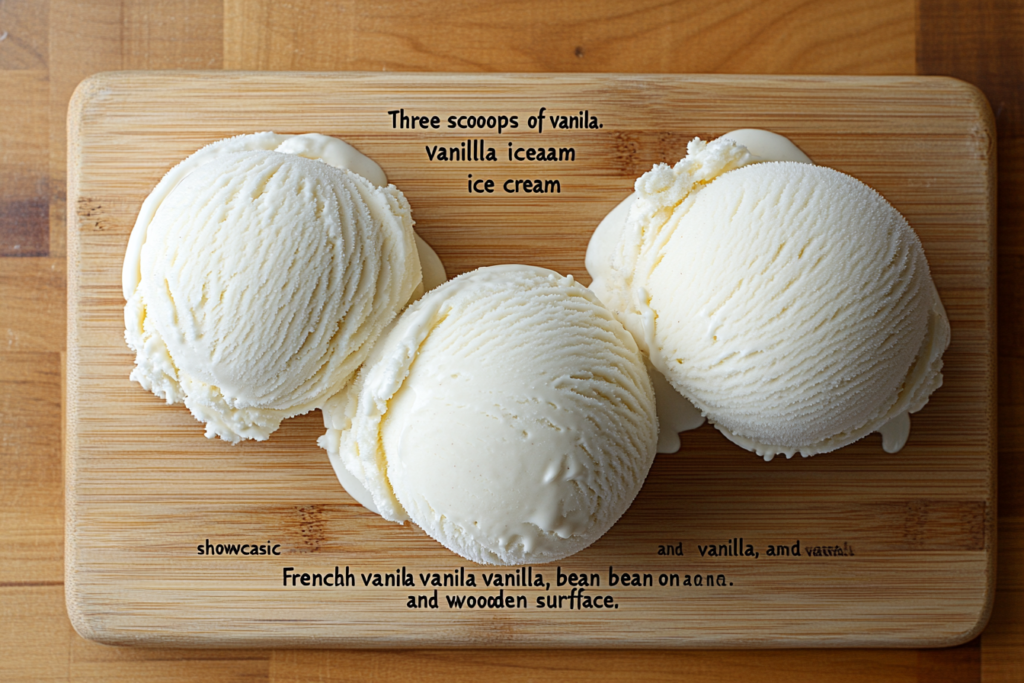 Three scoops of vanilla ice cream showcasing classic vanilla, French vanilla, and vanilla bean on a wooden surface