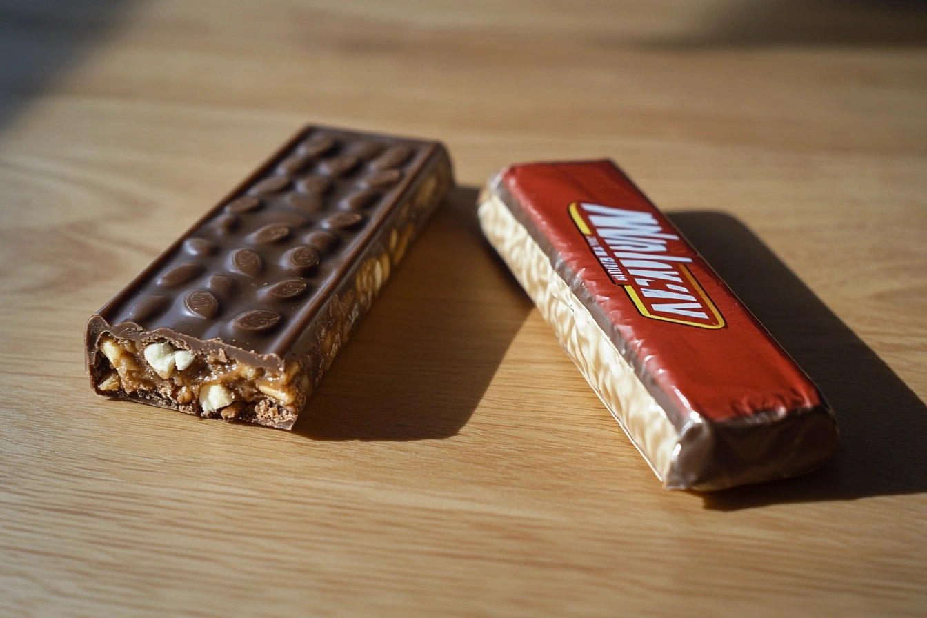 An original Marathon bar next to a modern Snickers bar, highlighting the rebranding that took place in 1990.