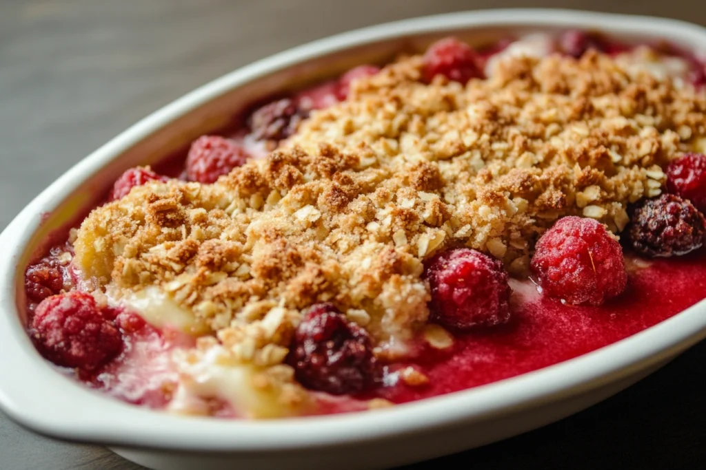 Fruit crumble dessert with crispy golden topping

