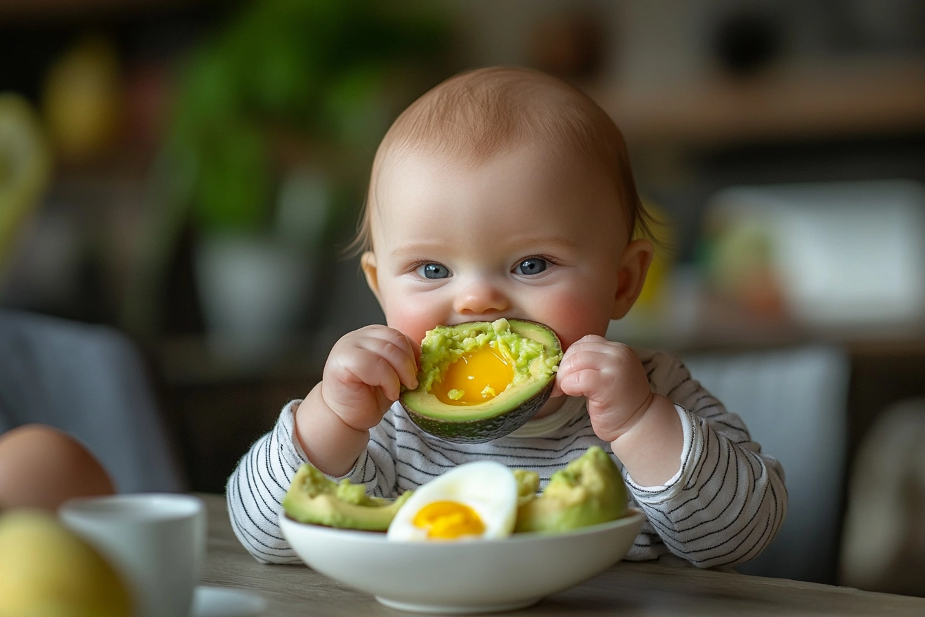 A baby eating mashed avocado and soft-boiled egg for breakfast