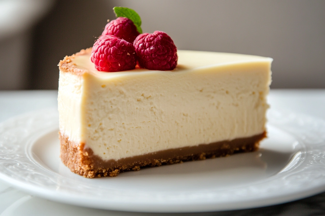 A perfectly baked, creamy cheesecake with no cracks on a white plate.