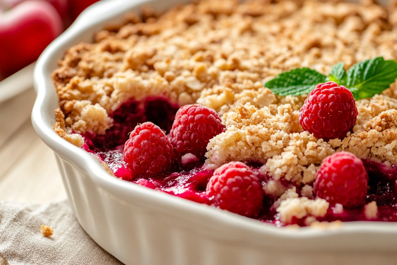 Close-up of a golden crumble topping on a fruit dessert