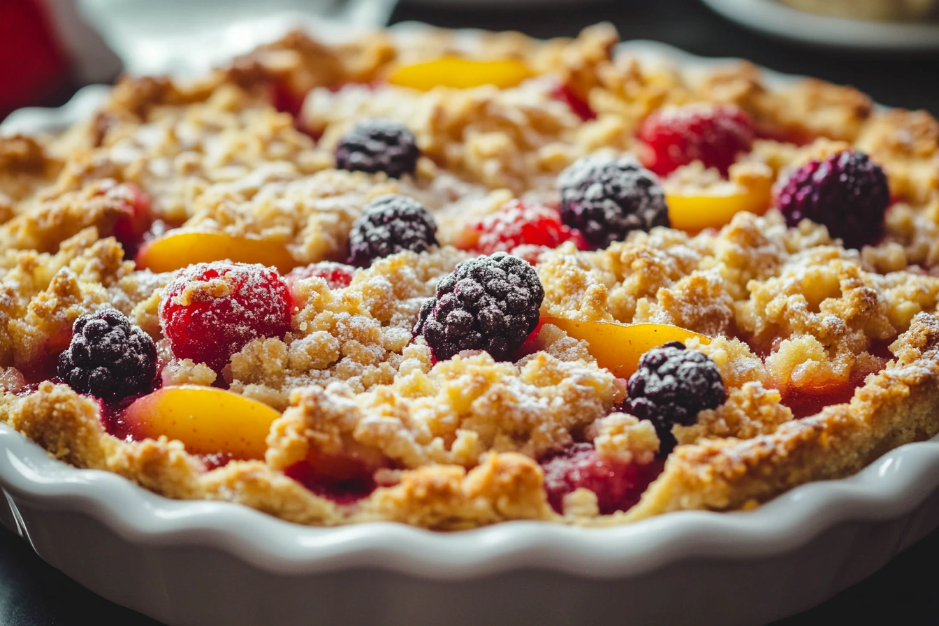 Golden, crispy crumble topping on a freshly baked fruit dessert