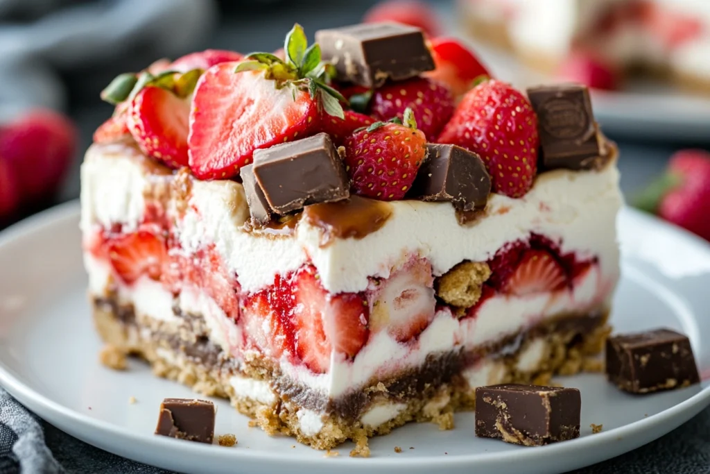 Strawberry Cheesecake Snickers dessert with layers of strawberries, cheesecake, and Snickers bars