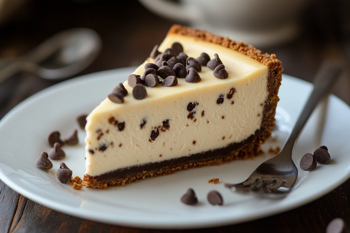 A slice of rich, creamy chocolate chip cheesecake with a golden graham cracker crust and chocolate chips sprinkled on top.