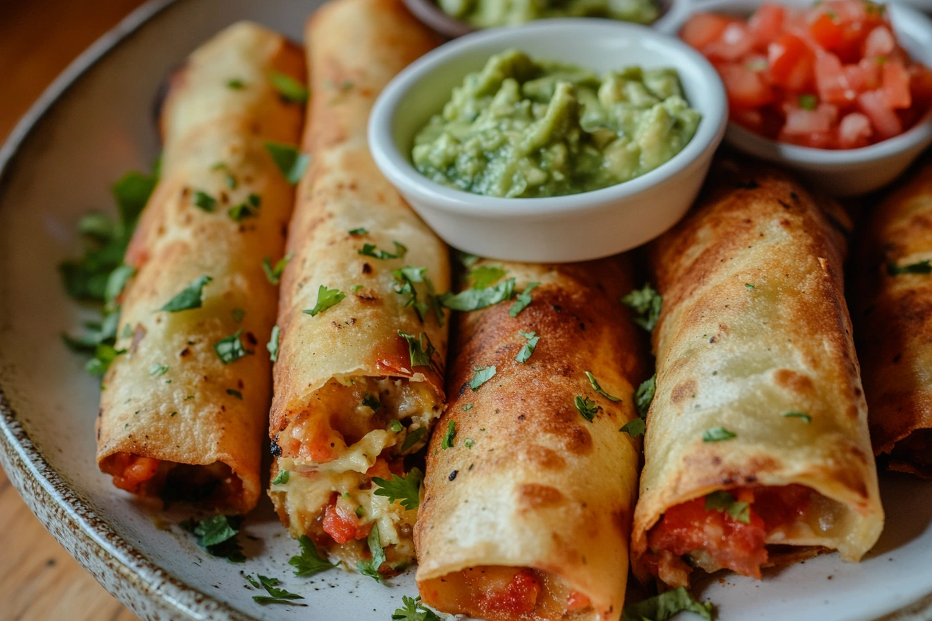 Crispy Mexican flautas served with guacamole and salsa