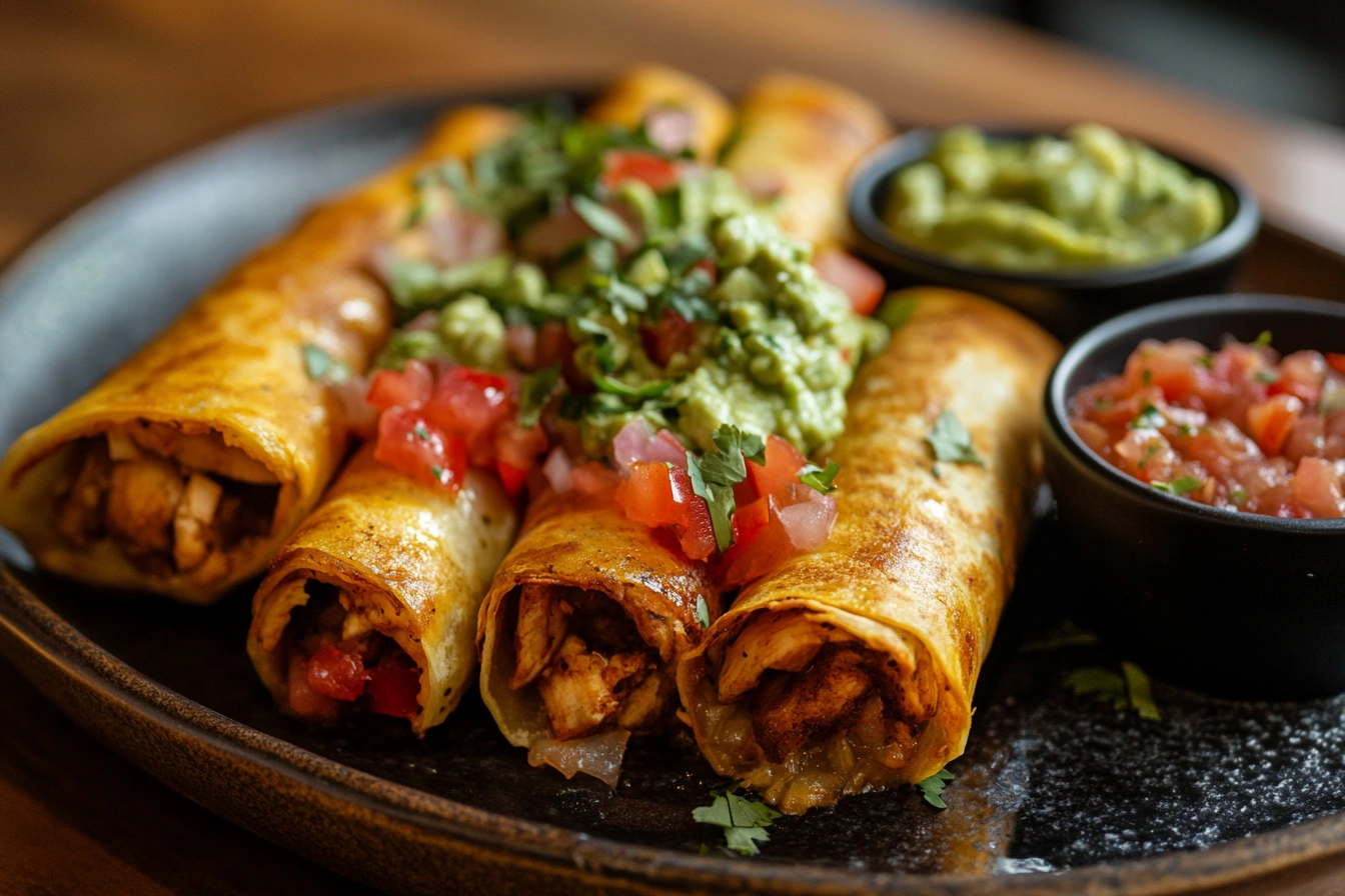 Crispy flautas filled with chicken and served with salsa and guacamole