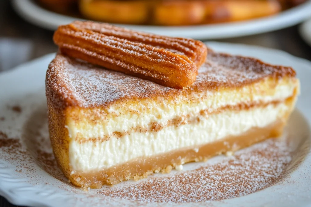 A delicious churro cheesecake topped with cinnamon sugar, featuring a flaky crust and creamy cheesecake center.