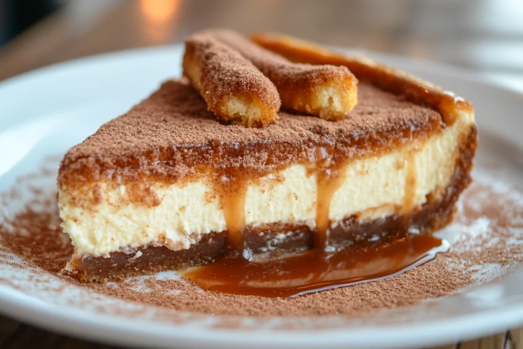 A delicious slice of churro cheesecake topped with cinnamon sugar and drizzled with caramel.