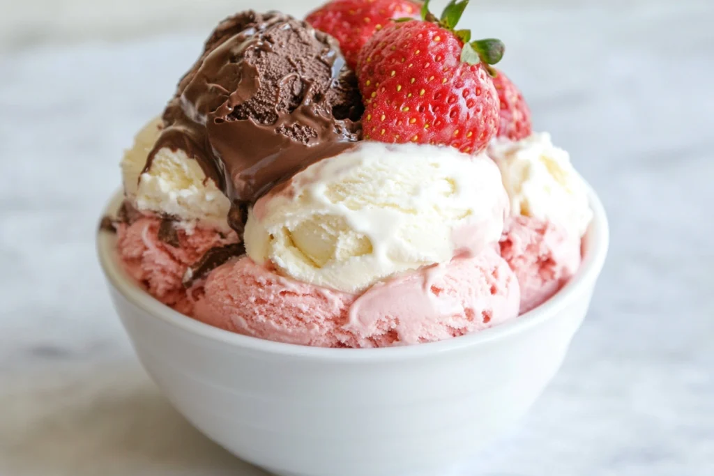 Neapolitan ice cream with chocolate, vanilla, and strawberry layers