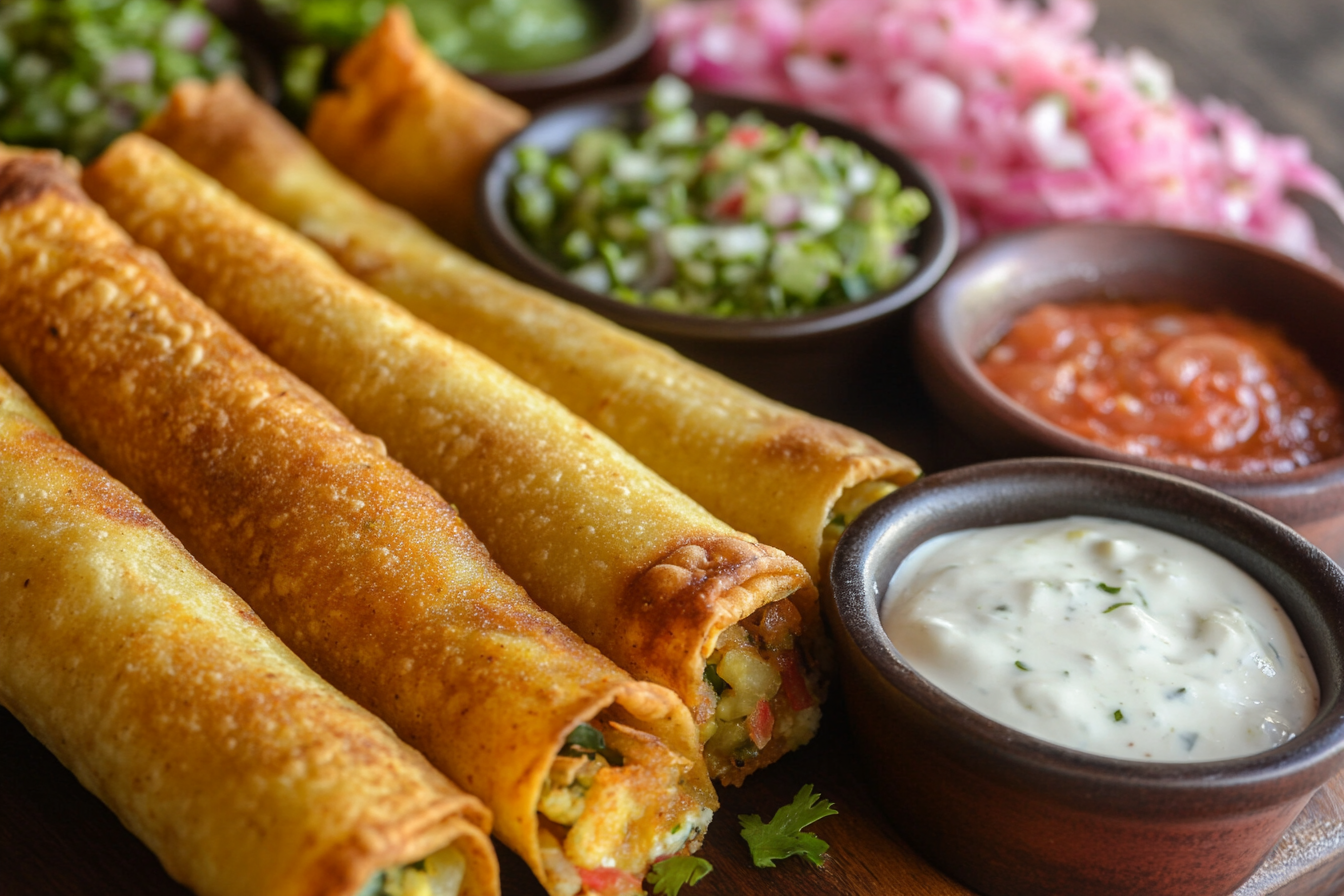 Crispy flautas and taquitos side by side with dipping sauces