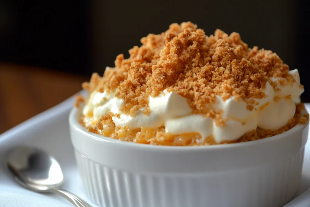 Golden crumb topping on a baked dessert

