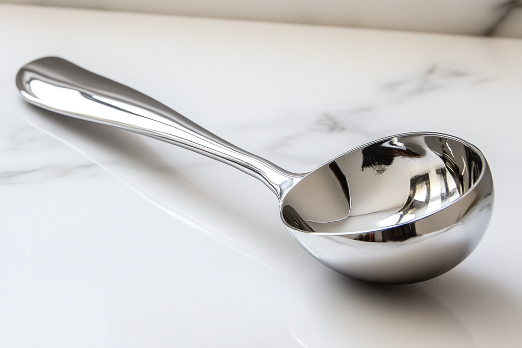 Close-up of a stainless steel ice cream scoop with a soft-grip handle serving ice cream from a tub.