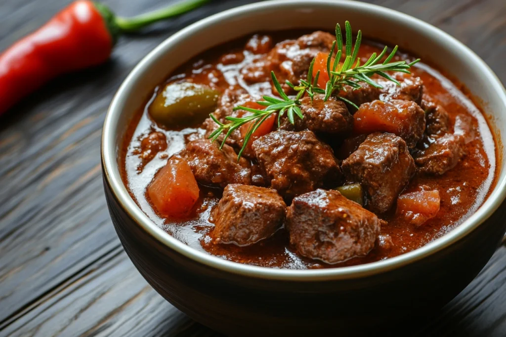 A bowl of rich goulash sauce with beef and paprika