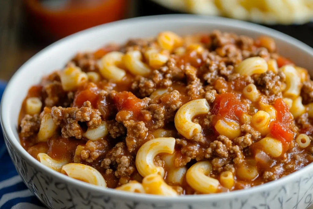 A bowl of American goulash with ground beef, macaroni, and tomato sauce