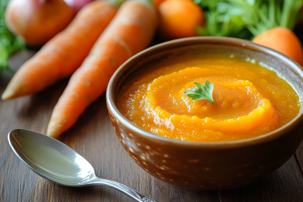 Homemade baby food puree in a bowl with a spoon, next to fresh vegetables