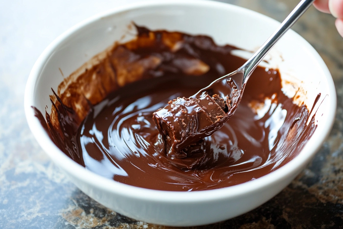 A melted Snickers bar in a bowl, ready to be used as a rich sauce or fondue for dipping fruit and other desserts.