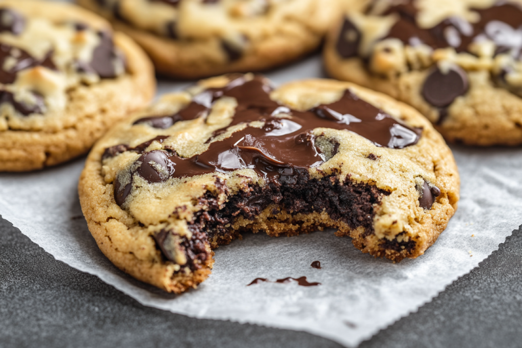 Chocolate chips partially melted inside freshly baked cookies.