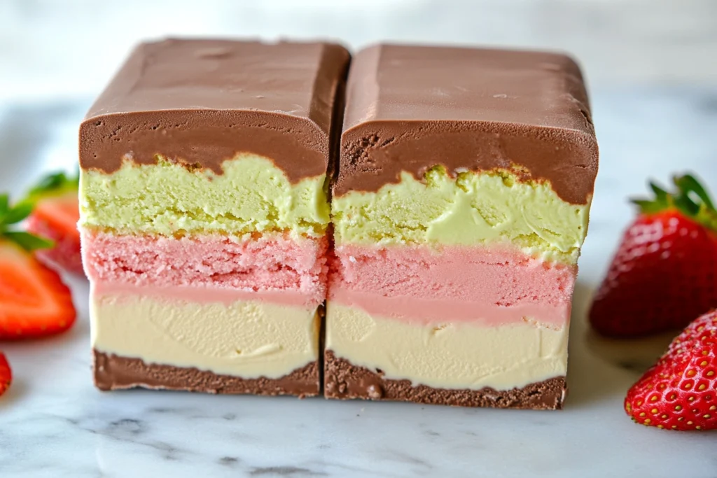 A sliced block of Harlequin ice cream showing colorful layers of vanilla, chocolate, strawberry, and pistachio flavors.