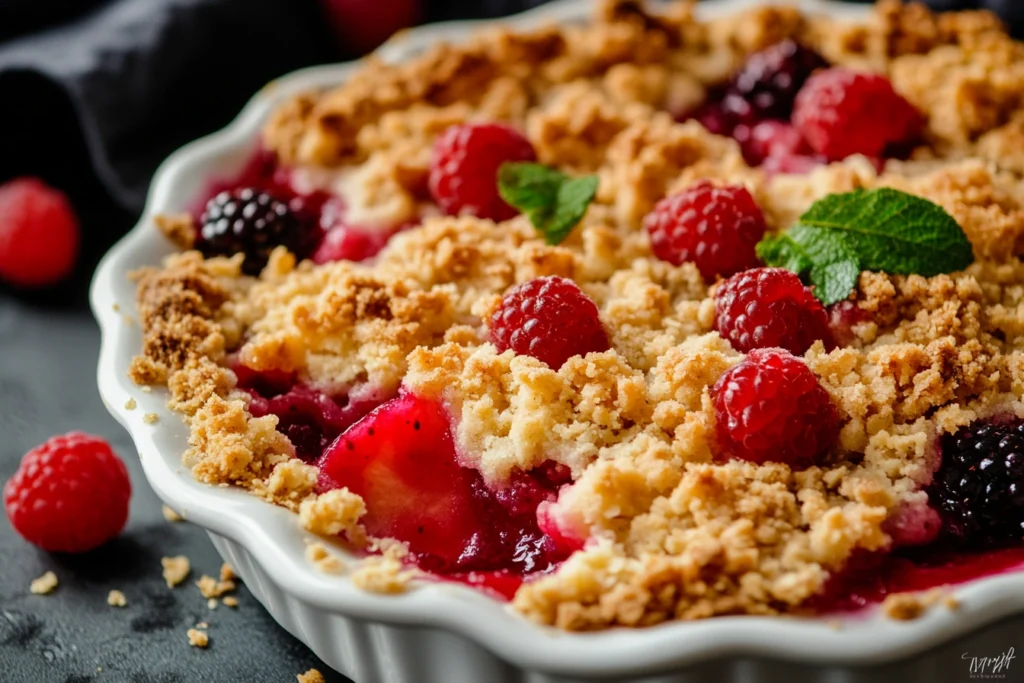 Golden, crispy crumble topping over fruit filling