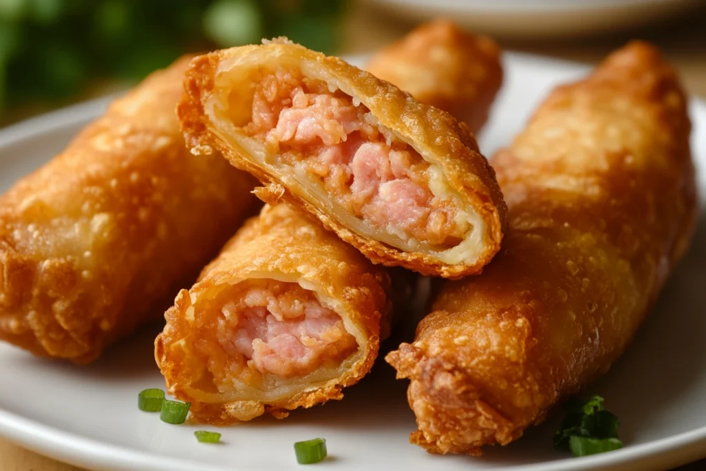 Close-up of a crispy egg roll with pink pork filling