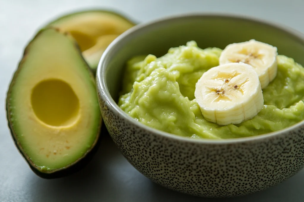 A bowl of mashed avocado and banana puree for baby’s first food