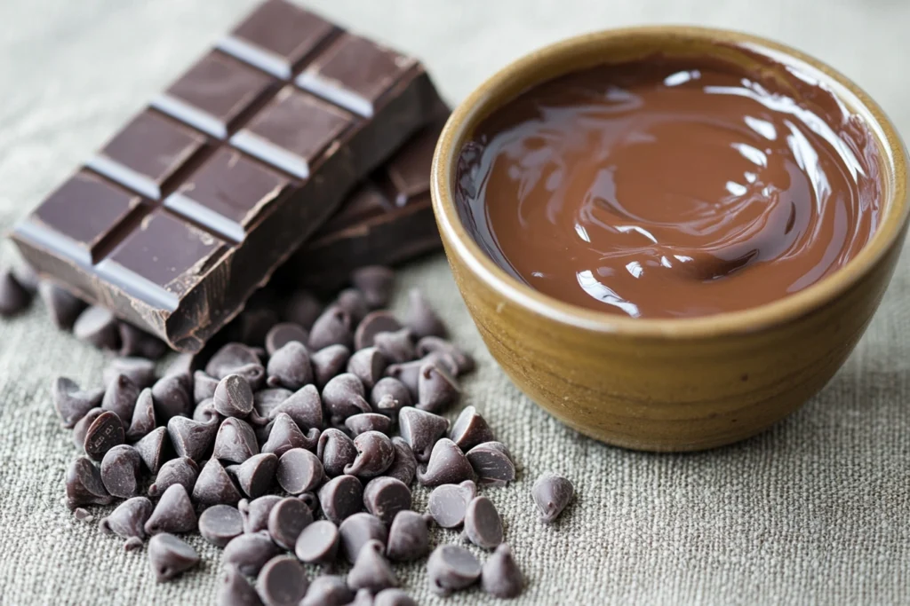 Melted chocolate chips in a bowl next to a block of Baker’s chocolate.