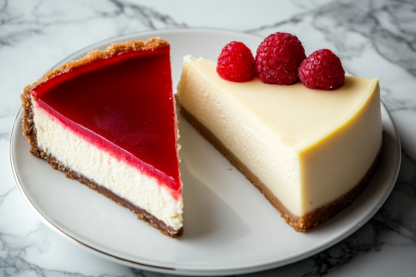 A slice of traditional cheesecake next to a slice of New York cheesecake on a plate.