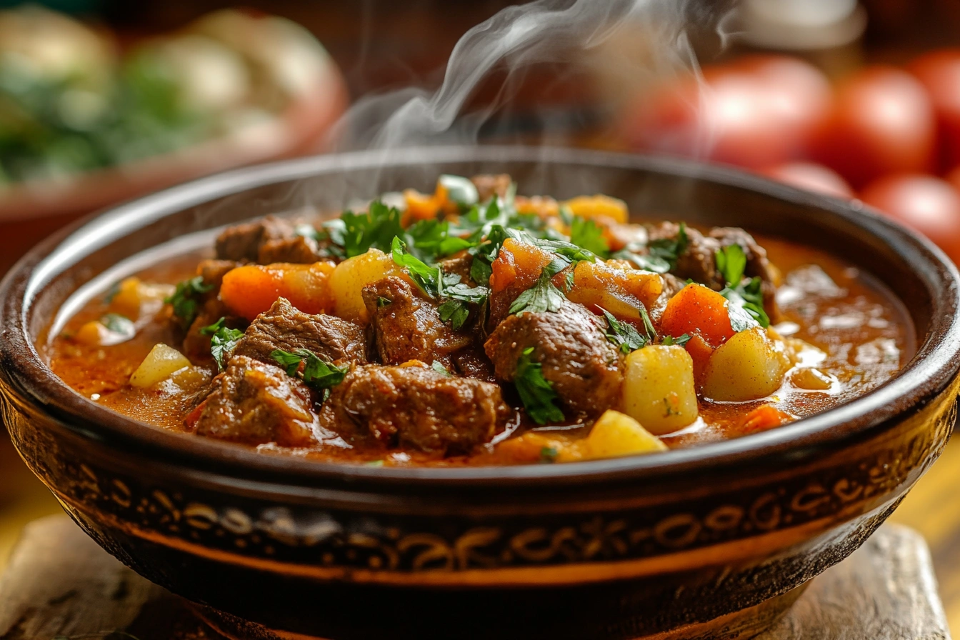 A steaming bowl of traditional Hungarian goulash with beef and vegetables