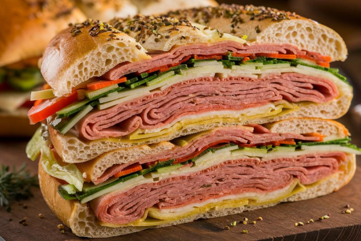 An assortment of traditional Italian sandwiches with various fillings on a rustic wooden board.