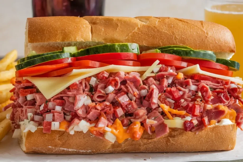 A delicious chopped Italian sandwich filled with meats, cheese, and vegetables on a fresh hoagie roll.