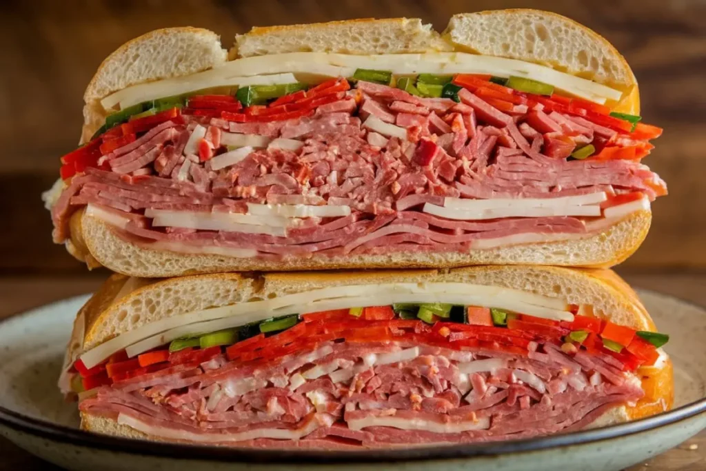 A delicious chopped Italian sandwich filled with meats, cheese, and vegetables on a fresh hoagie roll.