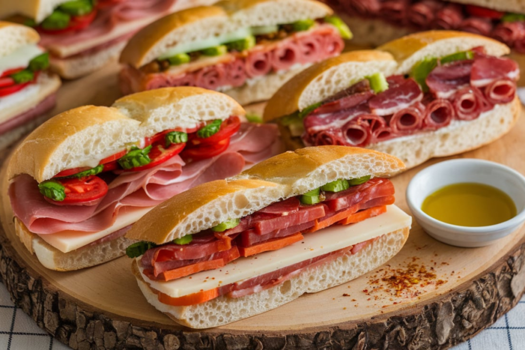 An assortment of traditional Italian sandwiches with various fillings on a rustic wooden board.