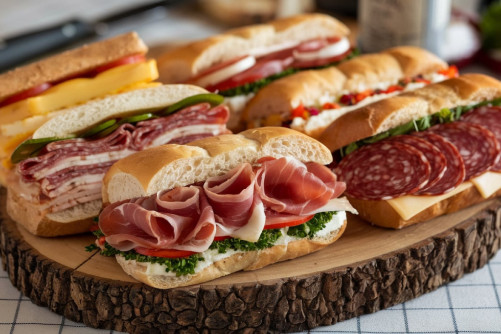 An assortment of traditional Italian sandwiches with various fillings on a rustic wooden board.