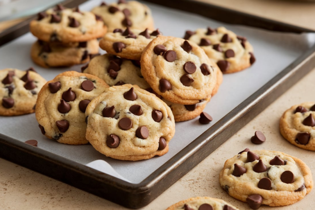 A batch of freshly baked cake mix cookies with chocolate chips on a wooden tray.