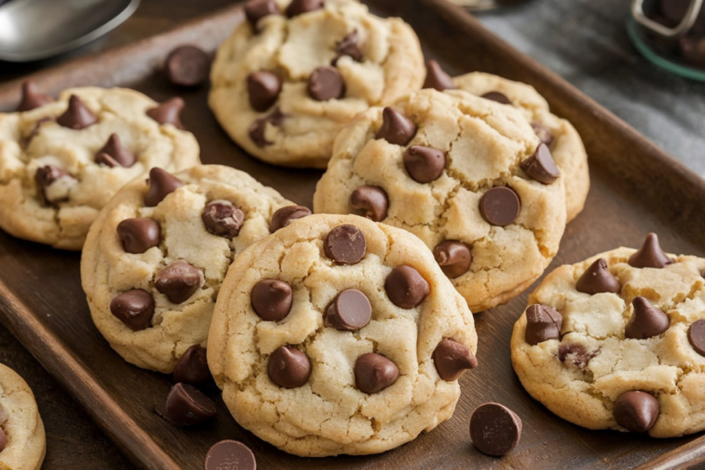 A batch of freshly baked cake mix cookies with chocolate chips on a wooden tray.