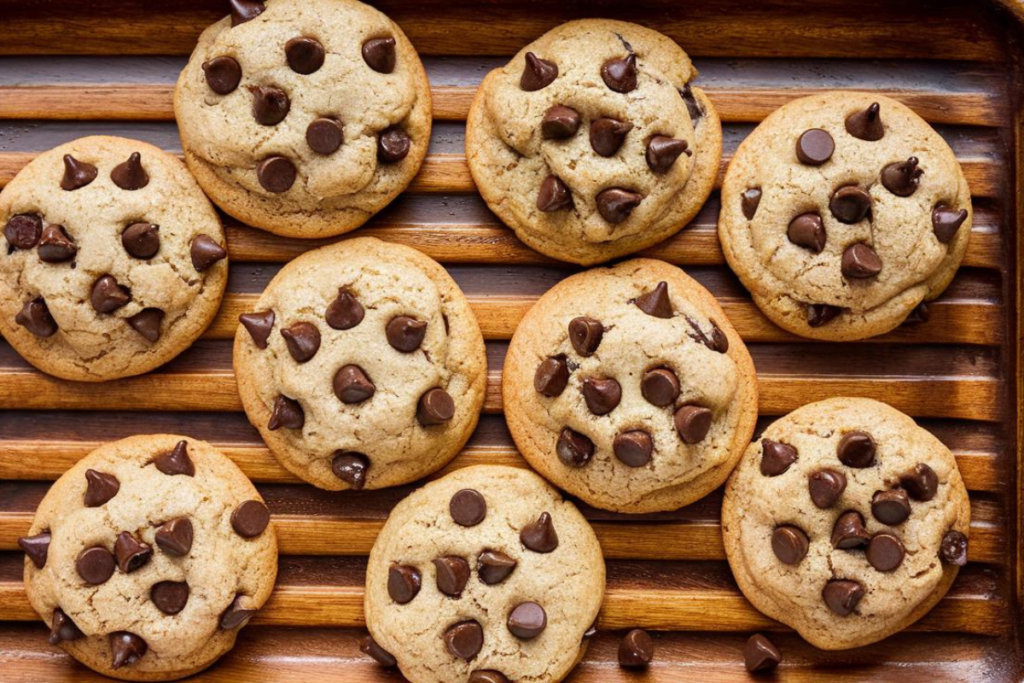 A batch of freshly baked cake mix cookies with chocolate chips on a wooden tray.