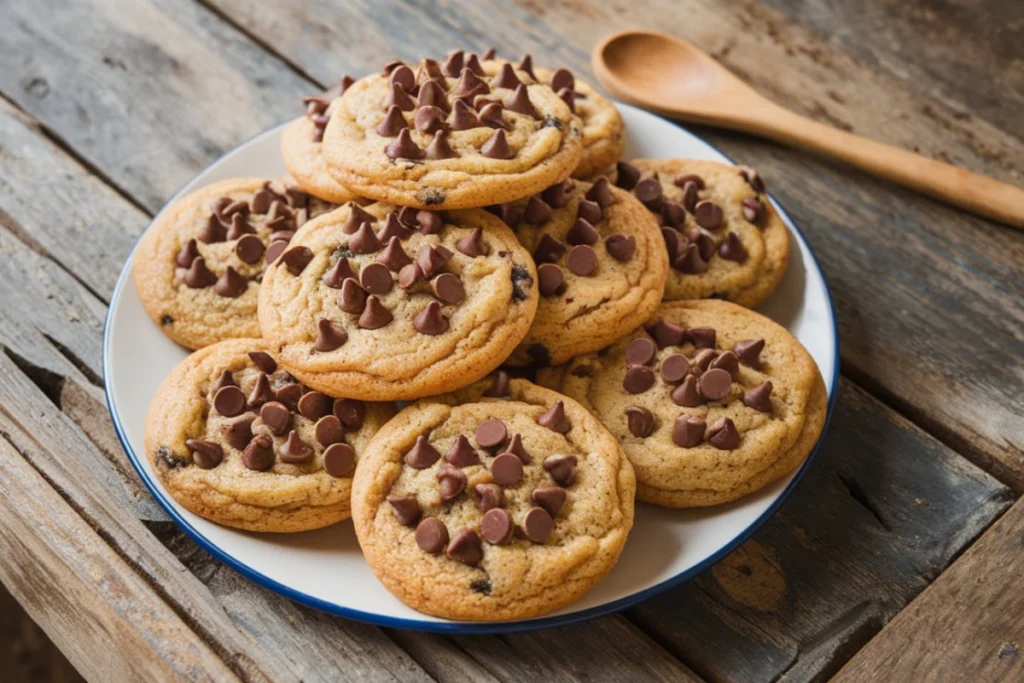 A plate of freshly baked cake mix cookies with chocolate chips.