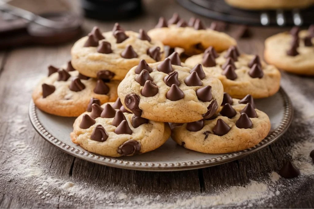 A plate of freshly baked cake mix cookies with chocolate chips.