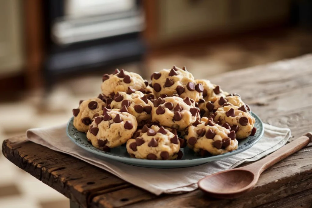 A plate of freshly baked cake mix cookies with chocolate chips.