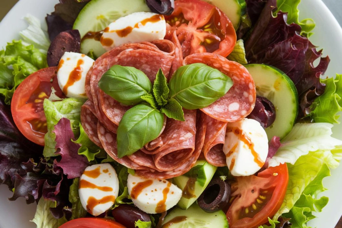 Fresh chopped Italian salad with mixed vegetables and cheese.