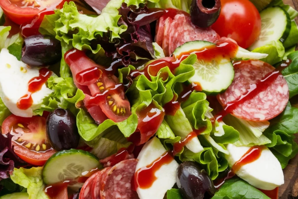 Fresh chopped Italian salad with mixed vegetables and cheese.

