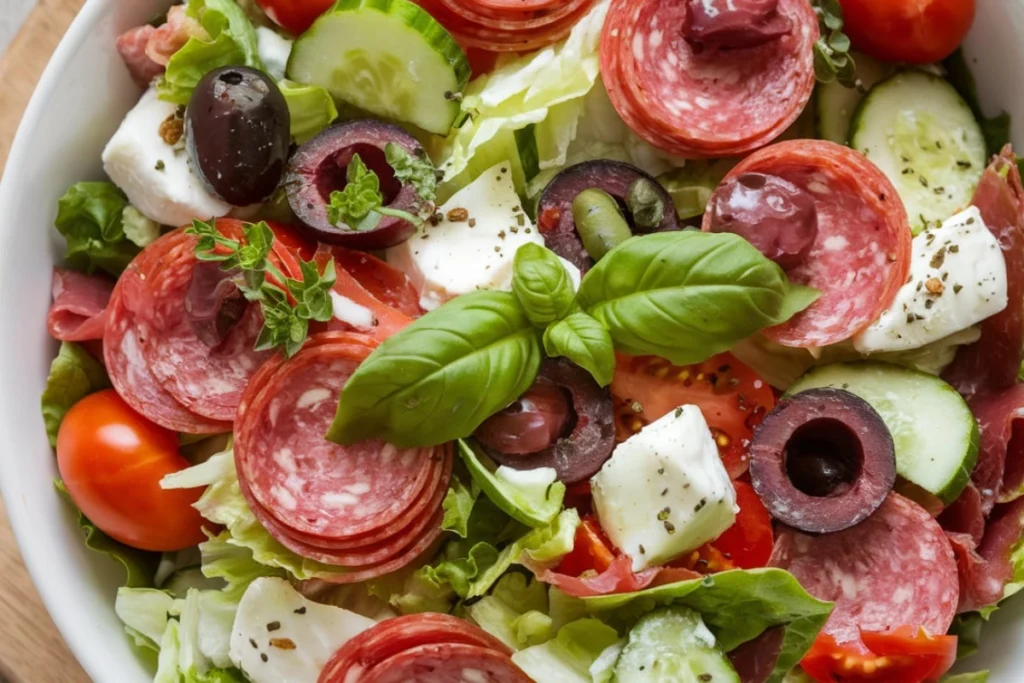 Fresh chopped Italian salad with mixed vegetables and cheese.

