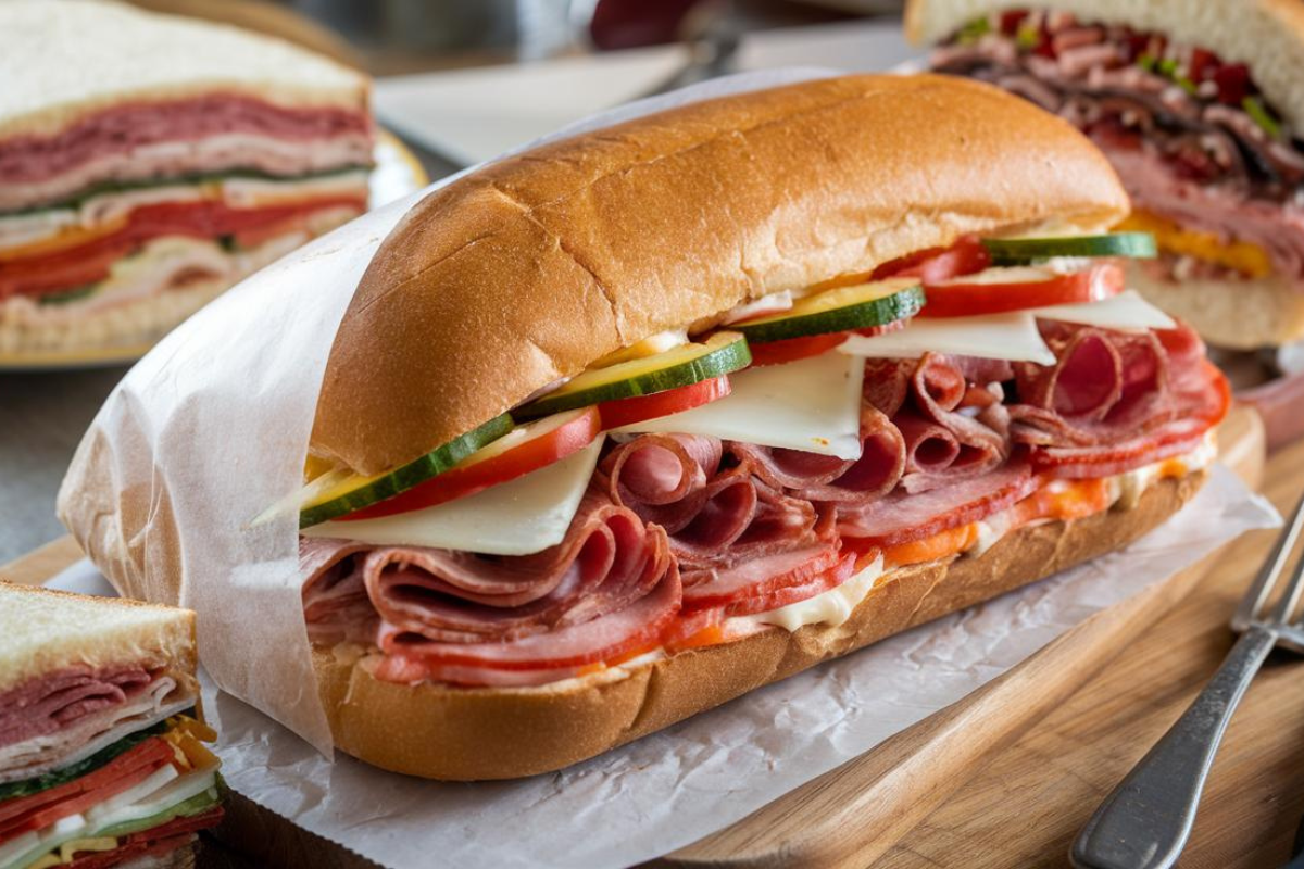 Italian sub sandwich with meats, cheese, and vegetables.