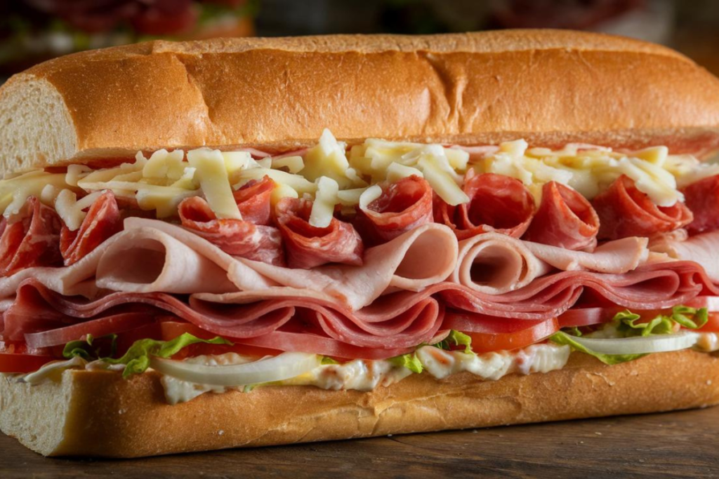 Italian sub sandwich with meats, cheese, and vegetables.

