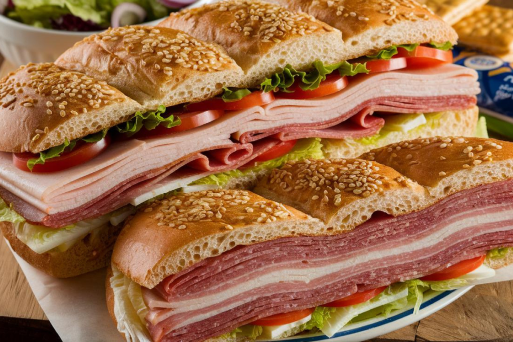 Italian sub sandwich with meats, cheese, and vegetables.

