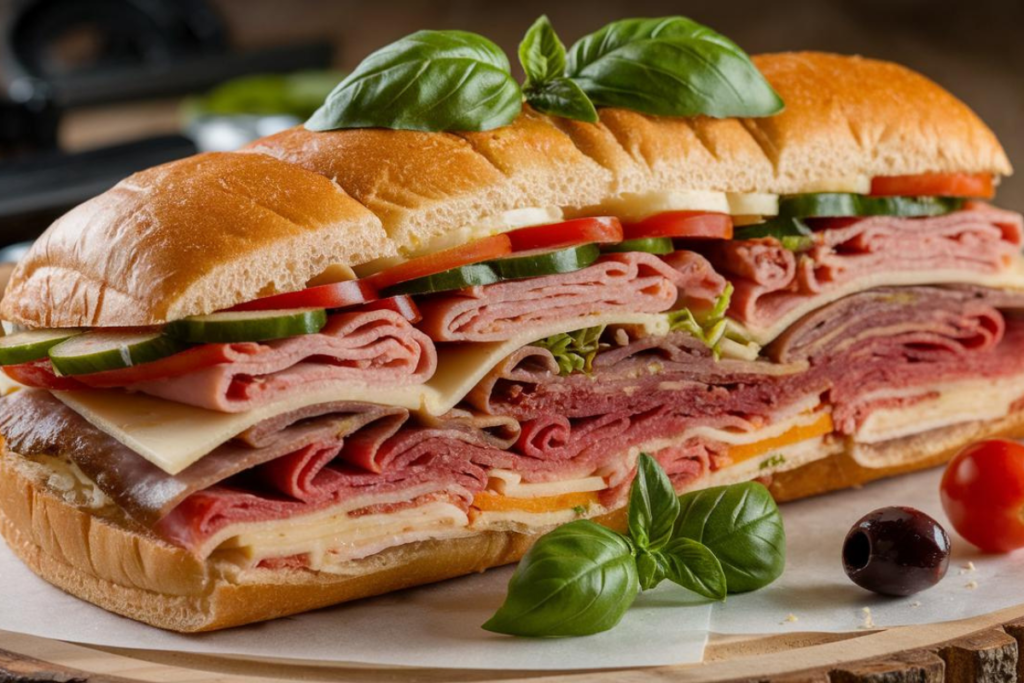 Famous Italian sandwich with cured meats, cheese, and fresh vegetables.