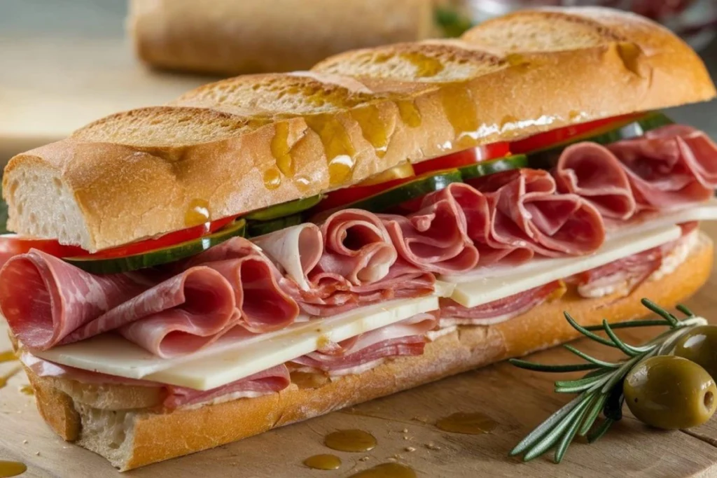 Famous Italian sandwich with cured meats, cheese, and fresh vegetables.

