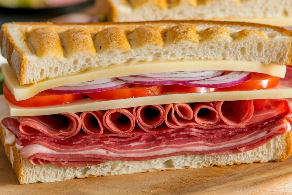 Famous Italian sandwich with cured meats, cheese, and fresh vegetables.

